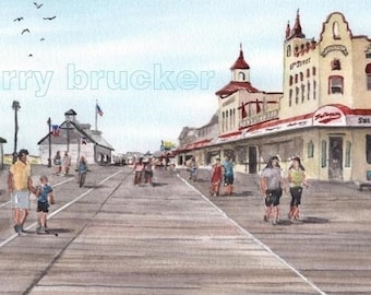 Ocean City Boardwalk Painting OC GoldenGalleon Fralinger's Jersey Shore Vacation Beach Art Reproduction Print by Hand Watercolor Beach House