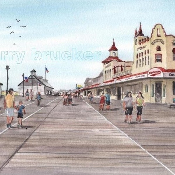 Ocean City Boardwalk Painting OC GoldenGalleon Fralinger's Jersey Shore Vacation Beach Art Reproduction Print by Hand Watercolor Beach House