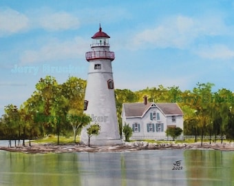 Marblehead Lighthouse Painting Reproduction My Hand Made Watercolor Lake Erie Cedar Point Sandusky Ohio Victorian Fine Art Print Great Lakes