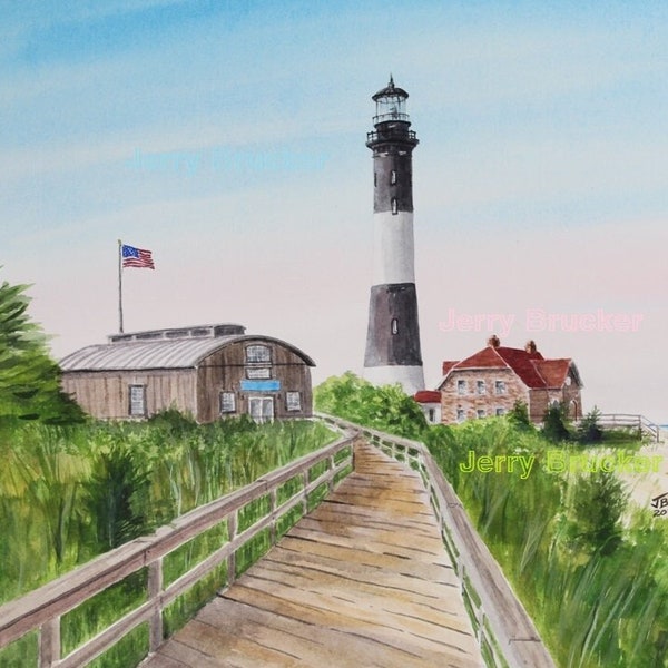 Fire Island Lighthouse Painting Art Reproduction My Hand made Watercolor Long Island Sound NY Beaches Robert Moses State Park Fishing Boat