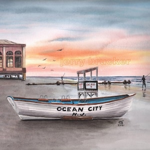 Life Boat Painting Ocean City NJ Sunrise Music Pier Jersey Shore Surf Fishing Beach Lifeguard Art Prnt Hand Sunset OCNJ Beach House Wildwood