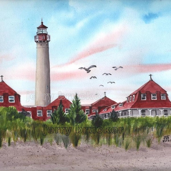 Cape May Lighthouse Painting St Marys Sea Jersey Sea Shore Point Beach Art Fine Art Reproduction Watercolor By Hand Wildwood NJ Beach House