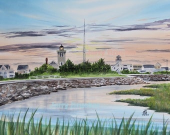 Hereford Inlet Painting Lighthouse Sunset Jersey Shore Reproduction My Hand made Watercolor North Wildwood Beach House Cape May Ocean City