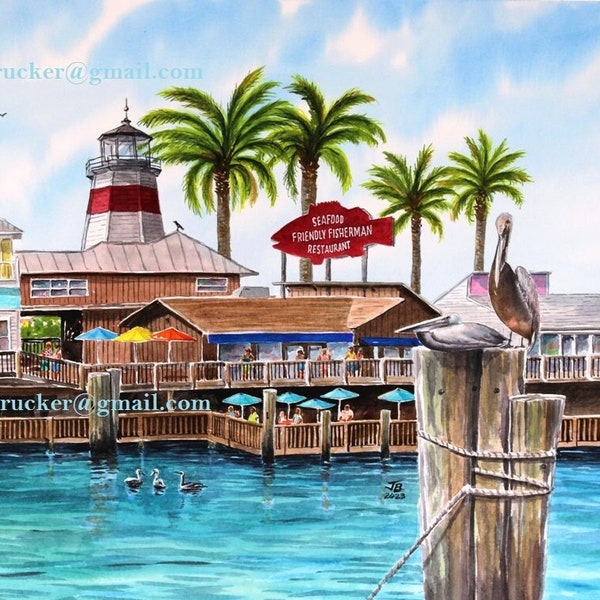 Johns Pass Boardwalk Lighthouse Madeira Beach FL Pelicans Boats Friendly Fisherman Reproduction Print of Watercolor Redington Beach Florida