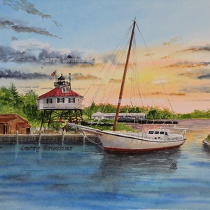 May include: Watercolor painting of a harbor scene with a sailboat and lighthouse. The white sailboat is docked near a wooden pier. A red-roofed lighthouse stands on stilts. The sky features a sunset with orange and blue hues.