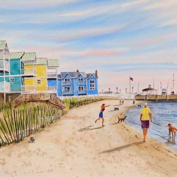 LBI Dog Beach at Bay Village Painting Long Beach Island Beach Haven Jersey Shore Doggy Bay Reproduction Hand Made Watercolor Puppy Park Gift