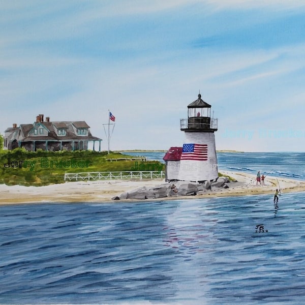 Nantucket Brant Point Lighthouse Painting Reproduction Of My Hand Made Watercolor New England Lighthouses Fine Art Prints Gift Surf Fishing