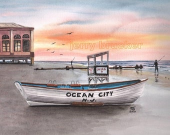 Life Boat Painting Ocean City NJ Music Pier Jersey Shore Surf Fishing Beach Lifeguard Art Print Hand Watercolor OCNJ Beach House Wildwood