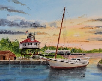 Drum Point Lighthouse Painting Chesapeake Bay Skipjack Dee of St Marys Boats Reproduction Print Art Hand Made Watercolor Art Solomons Island