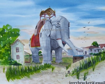 Lucy the Elephant Watercolor Art Print: Margate City, NJ Seascape