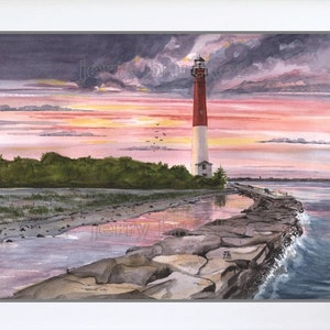 Barnegat Lighthouse Painting LBI Long Beach Island Beach House Sunset Sky LANDSCAPE Jersey SeaShore Fine Art Repro Print Watercolor By Hand