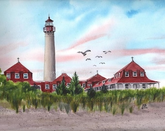 Cape May Lighthouse Painting St Marys Sea Jersey Sea Shore Point Beach Art Fine Art Reproduction Watercolor By Hand Wildwood NJ Beach House