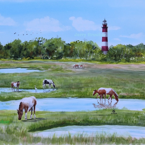 Assateague Island Lighthouse Painting Reproduction Maryland Virginia Chincoteague Ponies Eastern Shore Wild Mustang Horses Watercolor Print