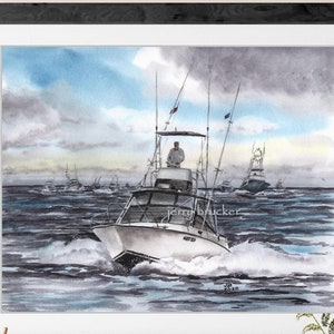 Sport Fishing Painting Boats at the Inlet Jupiter OBX Art Oregon Sebastian Albemarle Carolina Classic Reproduction ofMy Hand Made Watercolor