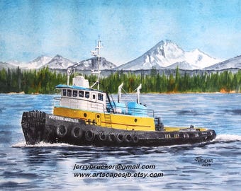 Tug Boat at Mount Rainier,  Western Mariner, Pacific Northwest PNW Mountains Puget Sound Boats Watercolor Print
