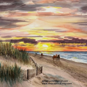 May include: Watercolor painting of a sunset over the ocean with a wooden fence and tall grass in the foreground. Three horses are walking along the beach in the distance.