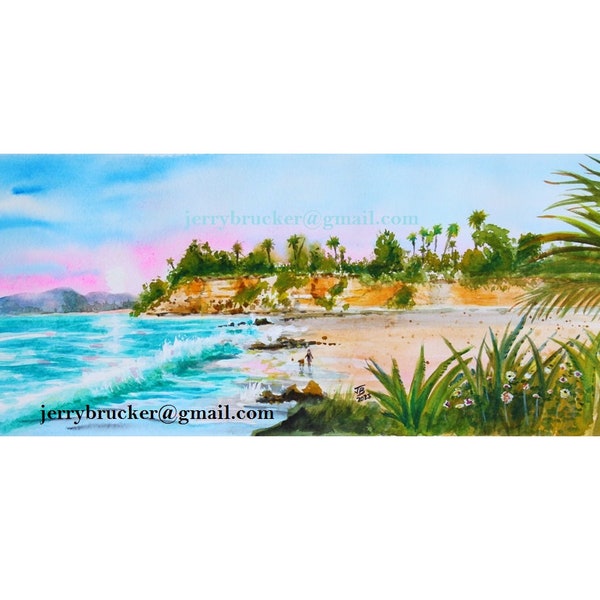 Butterfly Beach Painting Watercolor Panoramic  Impressionist Art Reproduction Cliffs Southern California View Beaches Pacific Coast Highway