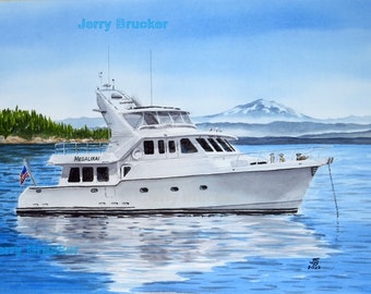 Trawler Yacht Mount Baker Painting Reproduction Pacific Northwest PNW Mountains Puget Sound San Juan Islands Seattle Boats Watercolor Print