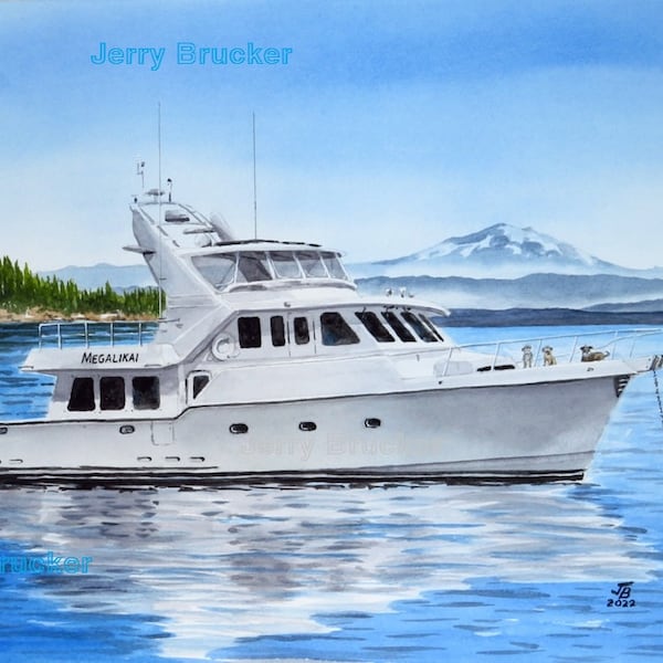 Trawler Yacht Mount Baker Painting Reproduction Pacific Northwest PNW Mountains Puget Sound San Juan Islands Seattle Boats Watercolor Print