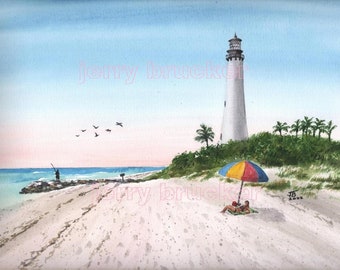 Cape Florida Lighthouse Painting Key Biscayne Bay Miami Beach FL Colorful Fine Art Print Watercolor By Hand Florida Artwork Keys Beach House