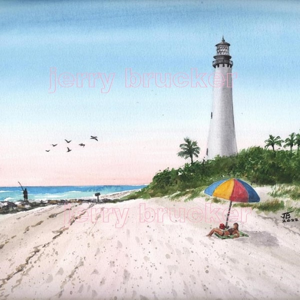 Cape Florida Lighthouse Painting Key Biscayne Bay Miami Beach FL Colorful Fine Art Print Watercolor By Hand Florida Artwork Keys Beach House