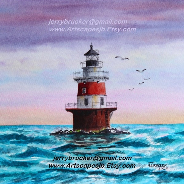 Peck Ledge Light Painting Lighthouse Norwalk Connecticut Harbor Islands Art Print of My Hand made Watercolor NY Beaches Robert Moses Bridge