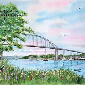 May include: Watercolor painting of a bridge over a river with a green tree on the left side of the image. The bridge is a white arch bridge with a blue sky and pink clouds in the background. There are boats in the water and green grass and flowers in the foreground.