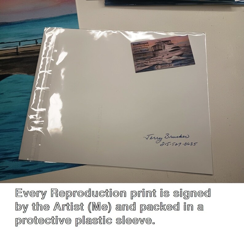 May include: A white reproduction print of a watercolor painting is signed by the artist, Jerry Brucker, and packaged in a protective plastic sleeve. The artist's business card is visible in the upper right corner of the image. The business card features a watercolor painting of a boat and the text "Boatscapes Watercolor Painting Jerry Brucker".