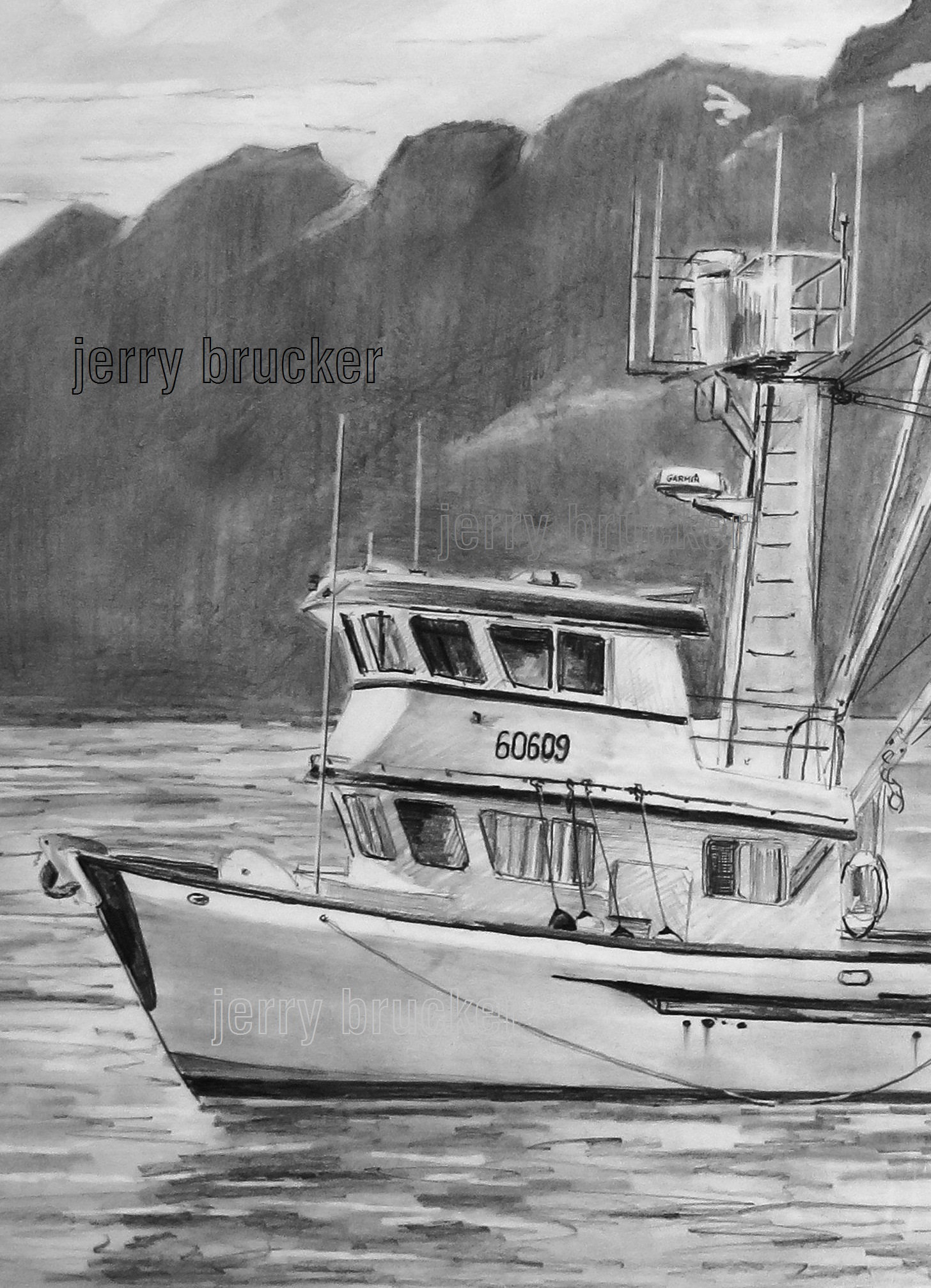 Alaska Seiner Drawing Art Graphite by Hand Drawn PNW Mountains Homer AK  Seine Fishing Salmon Boat Fine Print Anchorage Pacific Ocean Boats 