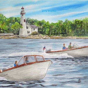 May include: A watercolor painting of two white boats with wooden trim, one with an American flag, on a body of water with a lighthouse in the background. The painting is signed "JB 2021" in the lower right corner.