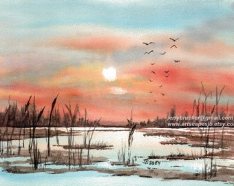Marsh Swamp Painting Cattails Fishing Sunset Coastal South Carolina Print of My Hand Made Watercolor Sunrise Gift Morning Tidal Bog Seagulls