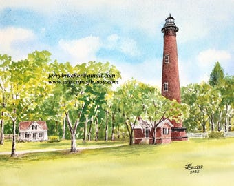 Painting of Lighthouse at Currituck Beach Corolla NC Fine Art Print of my Hand Made Lighthouse Watercolor Outer Banks Albemarle Beach Decor