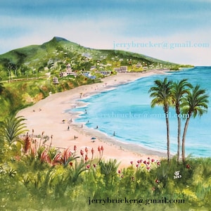 Laguna Beach Painting Watercolor Art Reproduction Print Tropical Southern California Heisler Park Aliso Beaches Malibu Pacific Coast Highway