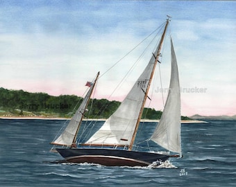 Sailboat at CapeCod Painting Yawl Sloop Schooner New England Fine Art Reproduction My Hand Made Watercolor Maine Coastal Sailing Nantucket