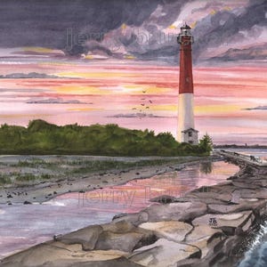 LBI Lighthouse Painting Barnegat Long Beach Island Beach House Sunset Jetty Sky Lighthouse Jersey Sea Shore Fine Art Reproduction Watercolor