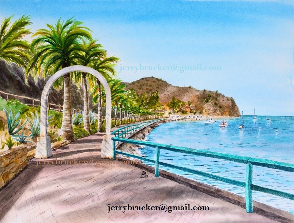 Descanso Beach Club Painting Avalon Catalina Island Cabanas Via Casino Archway SeaScape Fine Art Print Watercolor By Hand Sailing Resort Art