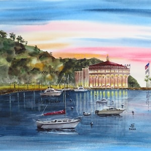 Avalon Harbor Painting Casino Ballroom Catalina Island Evening Hollywood CA SeaScape Fine Art Print Watercolor By Hand Sailing Resort Art