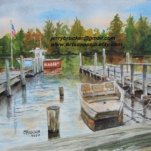 May include: Watercolor painting of a wooden dock with two boats. The boat on the left is red and white with the word "WAGER" on the side. The boat on the right is a smaller, white rowboat. The dock is made of weathered wood and has a wooden railing. The water is a light blue color and there are trees in the background.