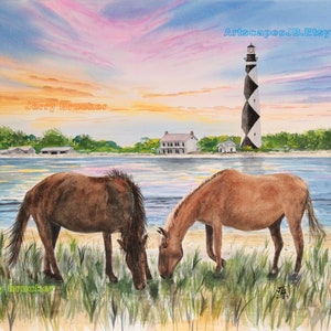 Wild Horses Shackleford Banks Cape Lookout Lighthouse Painting OBX Fine Art Print Hand Made Watercolor Outer Banks NC Beach Spanish Mustangs