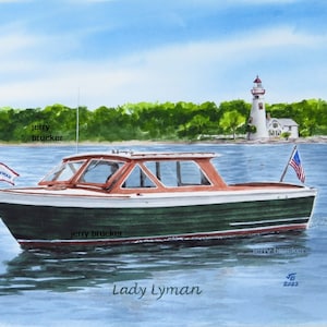 Lyman Boat Painting Print Boat Marblehead Lighthouse Antique Classic Lake Erie Art of My Hand Made Watercolor Gift Lyman Thompson ChrisCraft