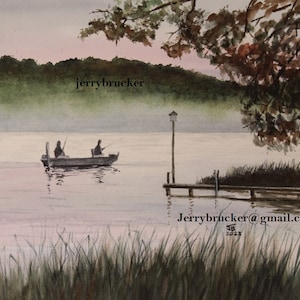 Sunrise Lake Fishing Painting Wood Boat Dock Print My Hand Made Watercolor Gift Misty Fog Morning Lakes Wallenpaupack Lake George Adirondack