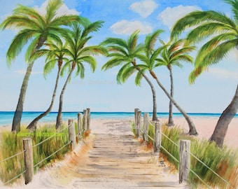 Può includere: Un dipinto ad acquerello di una passerella di legno che conduce a una spiaggia con palme su entrambi i lati. Il cielo è blu con nuvole bianche e l'oceano è azzurro. Il dipinto è firmato "JB 2023" nell'angolo in basso a destra.