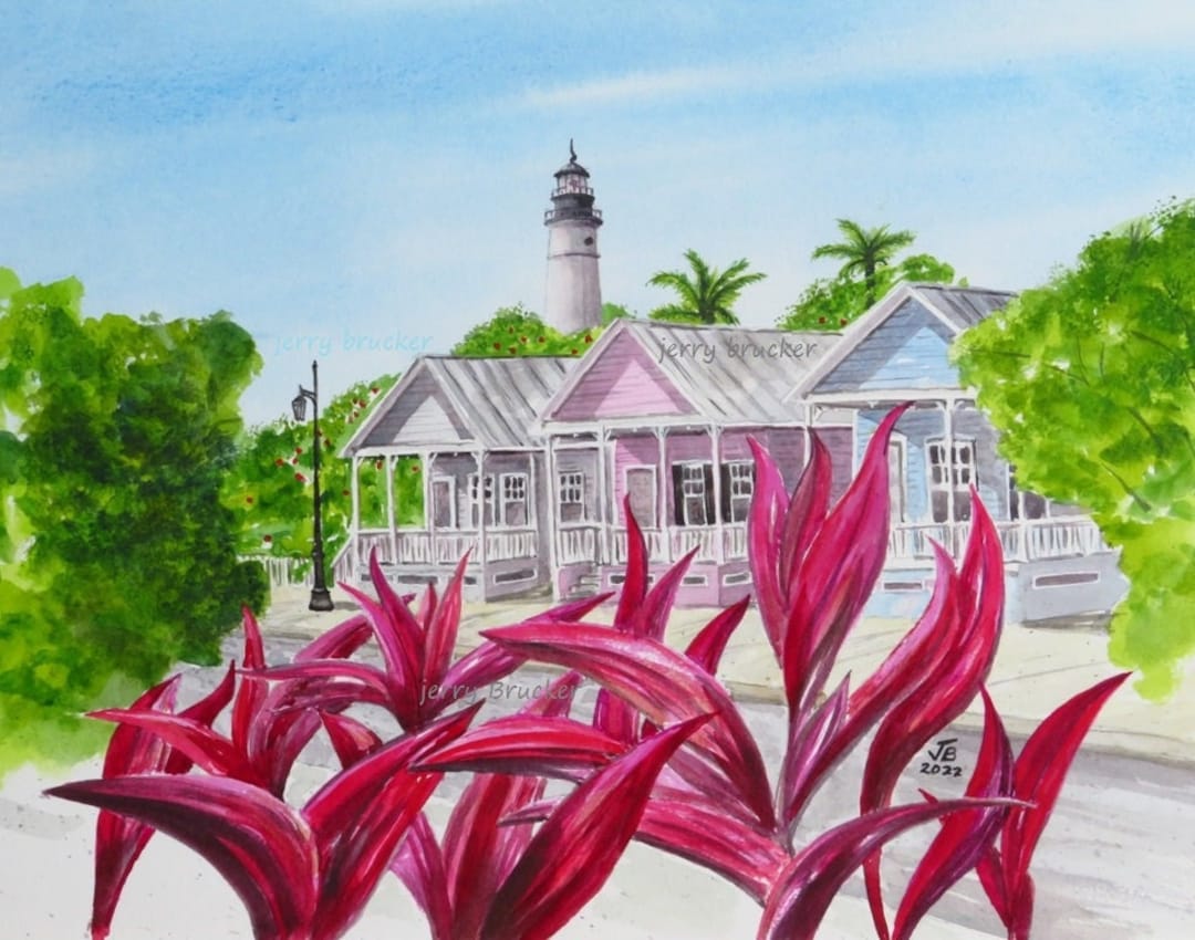 Key West Painting Truman Ave Lighthouse Tropical Palms Etsy
