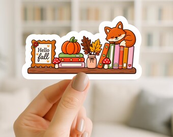Hello Fall Sticker, Autumn Bookish Sticker, Cozy Reading Sticker, Fall Bookshelf Decal, Pumpkin Sticker, Waterproof