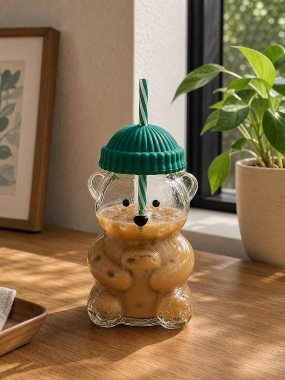 Bear Glass Cup with Lid and Straw, Iced Coffee Tumbler