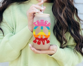 Peace and Love glass, happy hippie, hippie gifts, groovy hippie, colorful retro, pretty glass with flowers, ice coffee glass, gift for mom