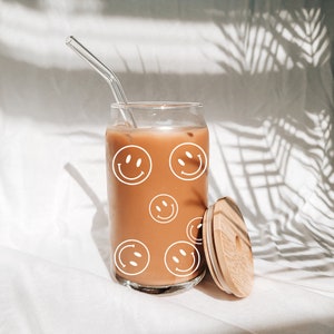 Smiley Face Iced Coffee Cup Glass - Beer Can Glass - Smiley Face Iced Coffee Cup - Glass Cup - Gifts for women - Coffee glass for her