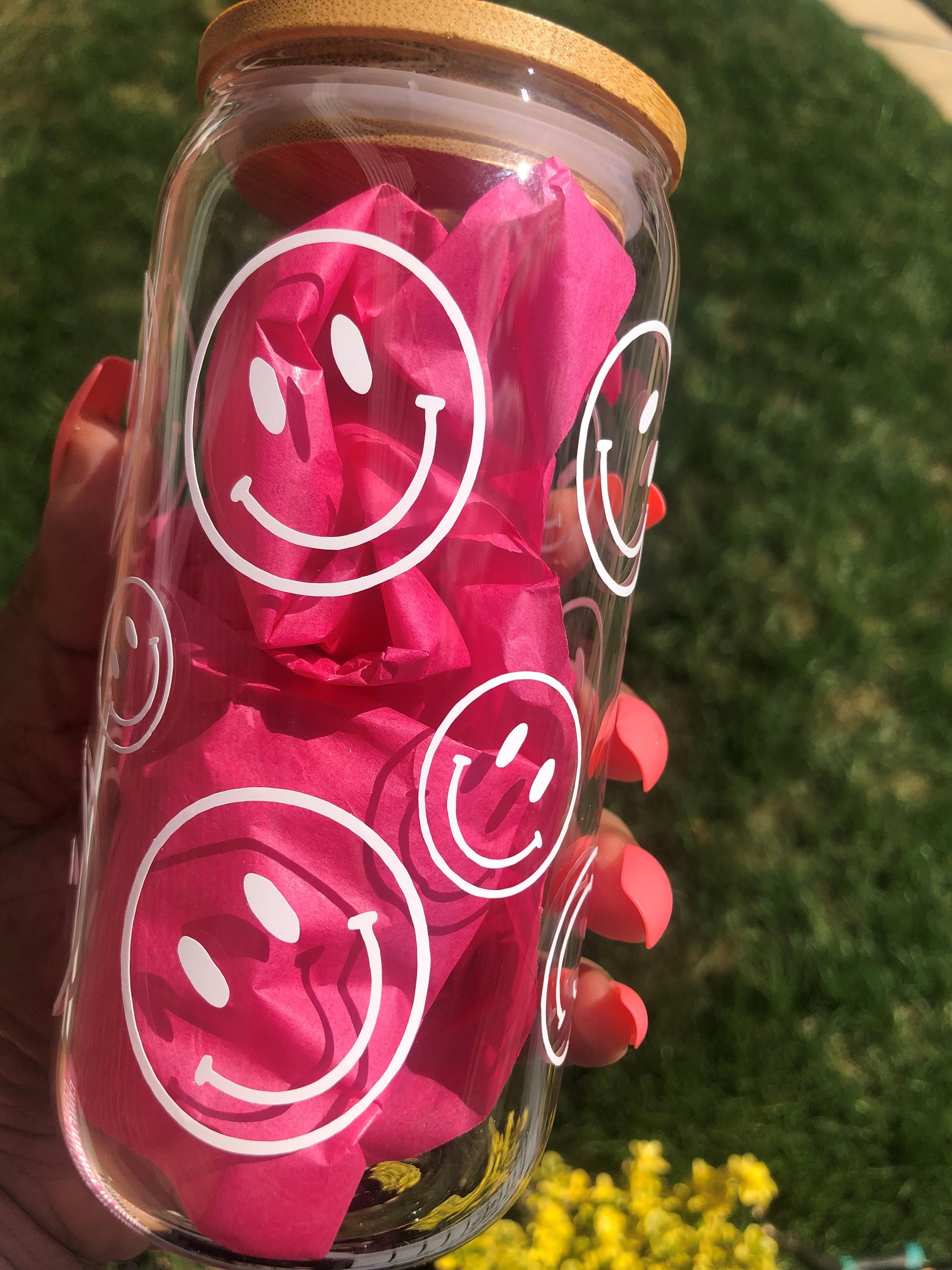 Happy Face Beer Glass Can,iced Coffee Glass Cup, Aesthetic Glass