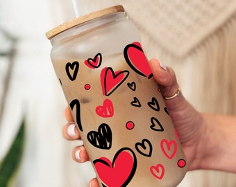 Valentines Iced Coffee Cup - Beer Can Glass  Glass Cup Gifts for her coffee, gift, mothers day, gift for wife, girlfriend Hearts