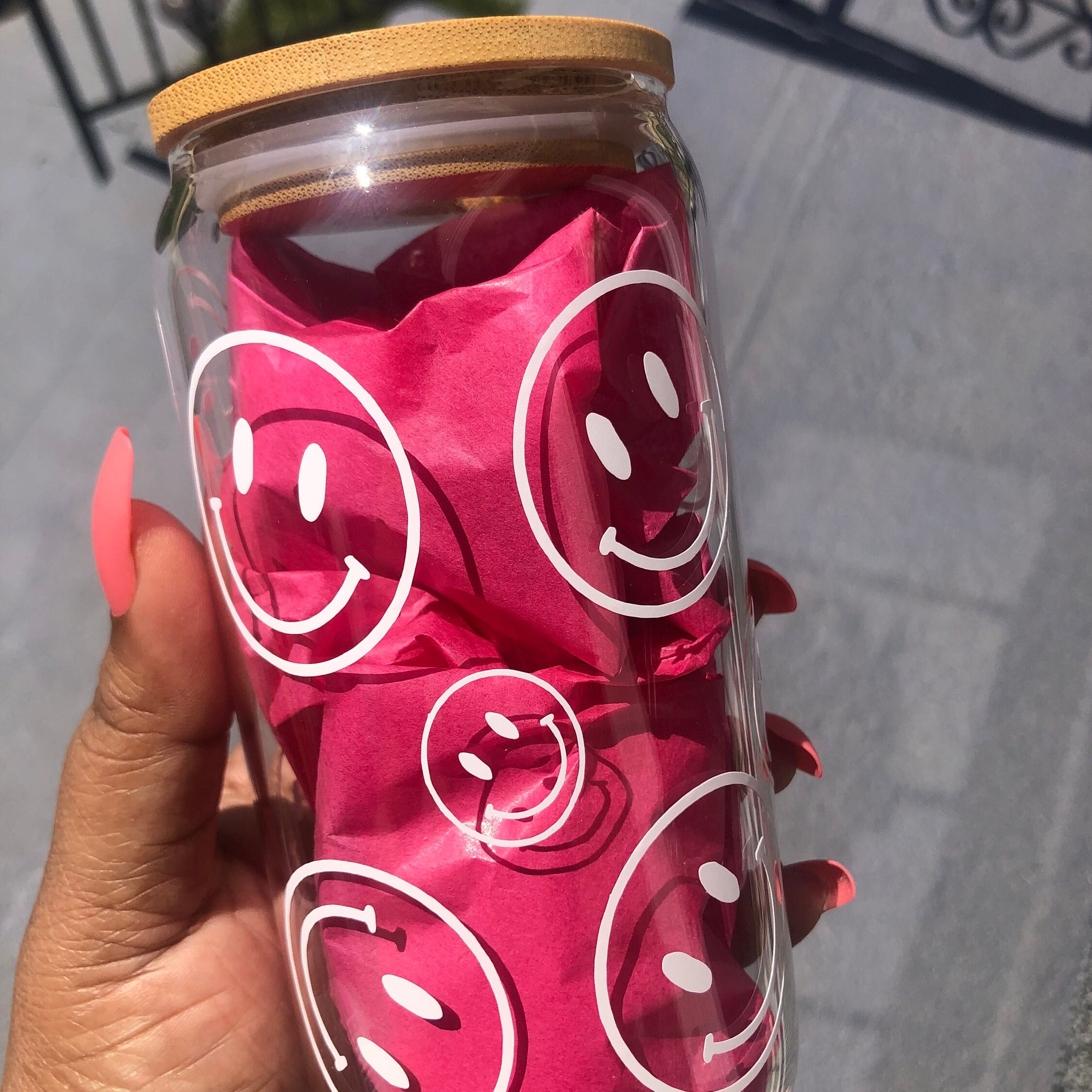 White Cup of Happy Smiley Iced Coffee Glass – The Pink Edition